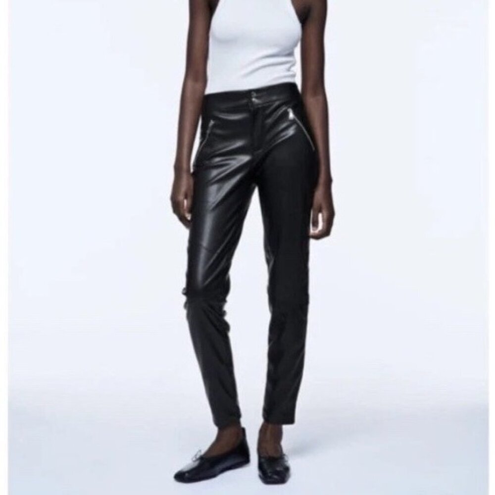 Zara The Biker Faux Leather Ankle Zip Pants Size 4 Pockets - Picture 2 of 10